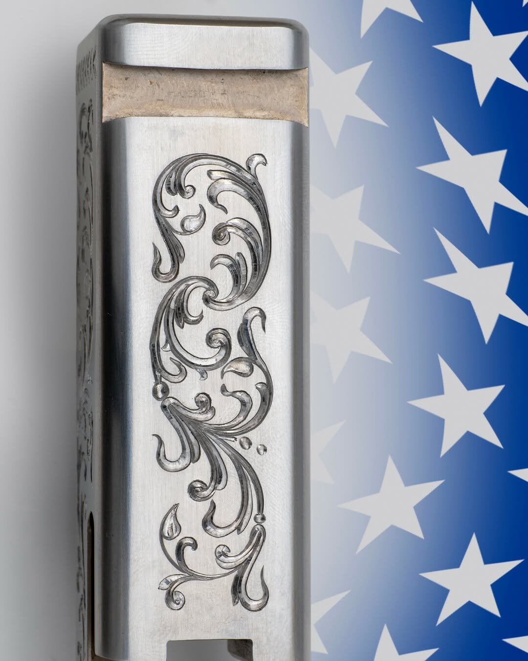 Pistol Slide — Scroll Engraving Detail