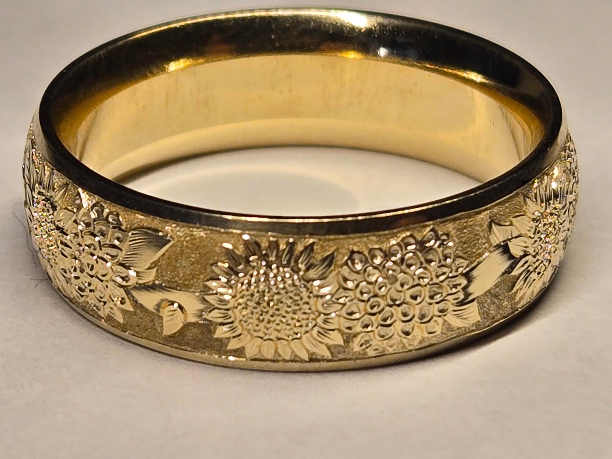 Gold Bangle — Sunflower Engraving